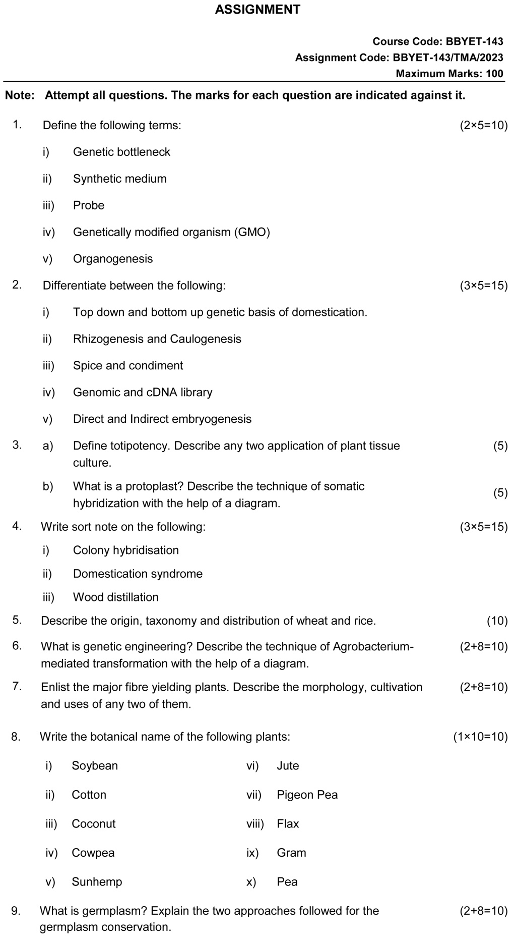 IGNOU BBYET-143 - Economic Botany and Plant Biotechnology, Latest Solved Assignment-January 2023 - December 2023