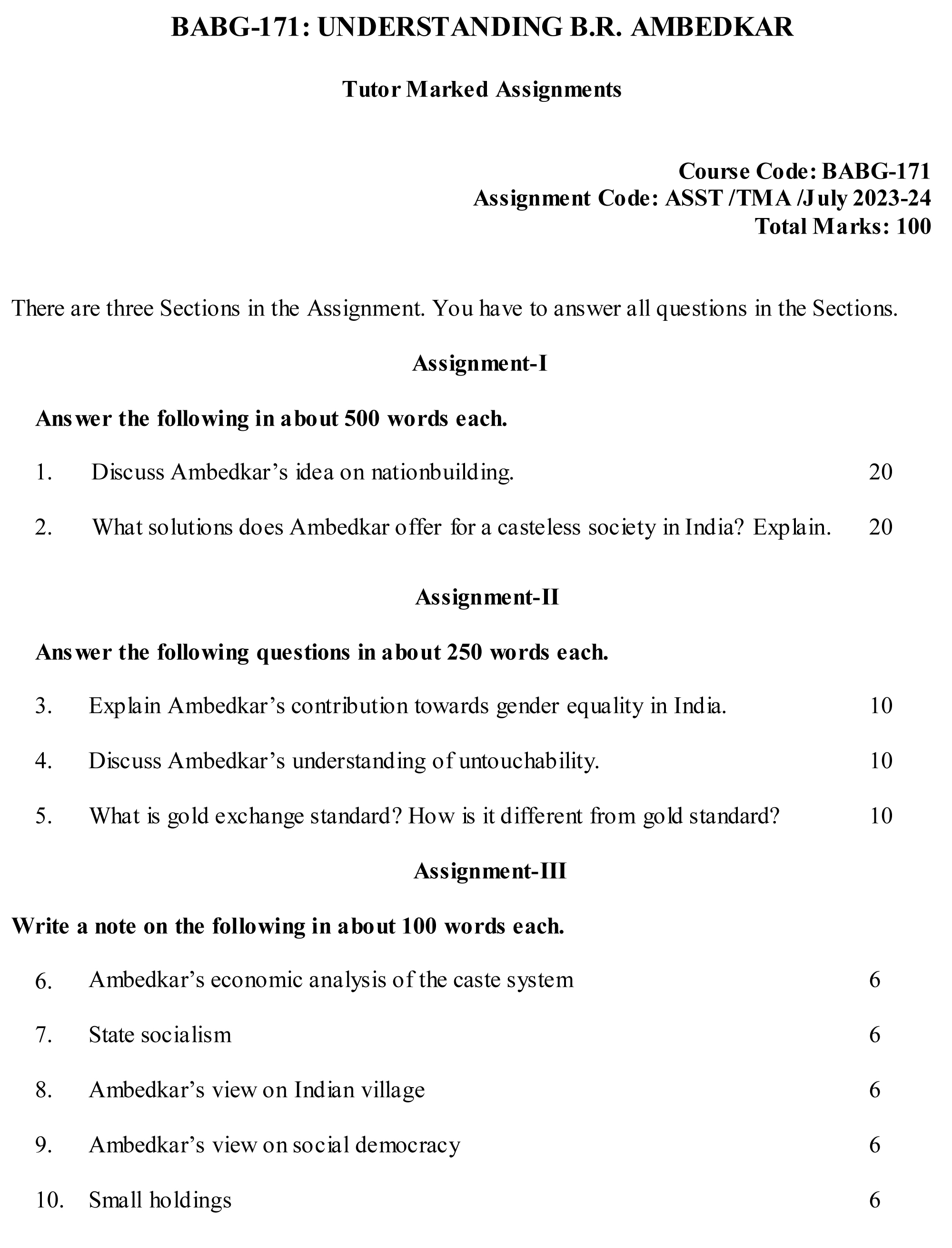 IGNOU BABG-171 - Understanding B.R. Ambedkar Latest Solved Assignment-July 2023 - January 2024