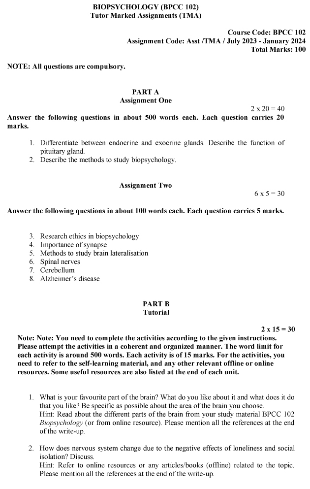 IGNOU BPCC-102 - Biopsychology, Latest Solved Assignment-July 2023 - January 2024