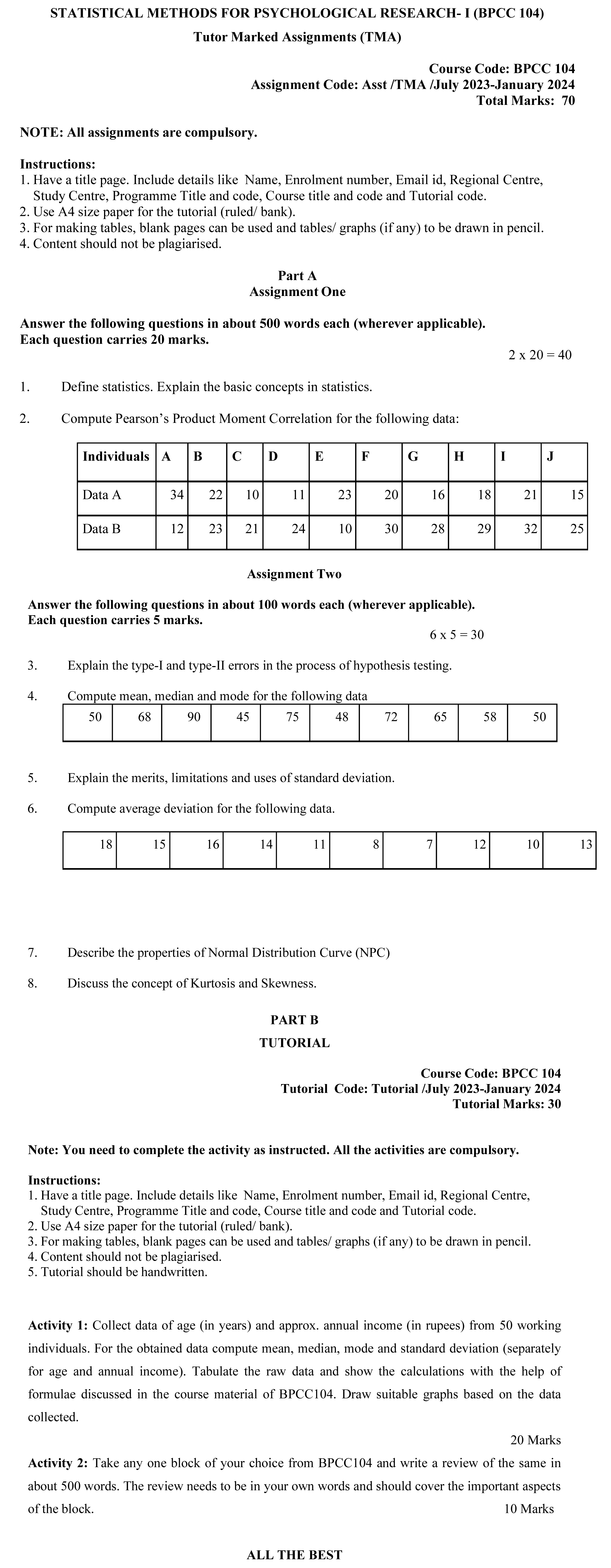 IGNOU BPCC-104 - Statistical Methods for Psychological Research-I, Latest Solved Assignment-July 2023 - January 2024