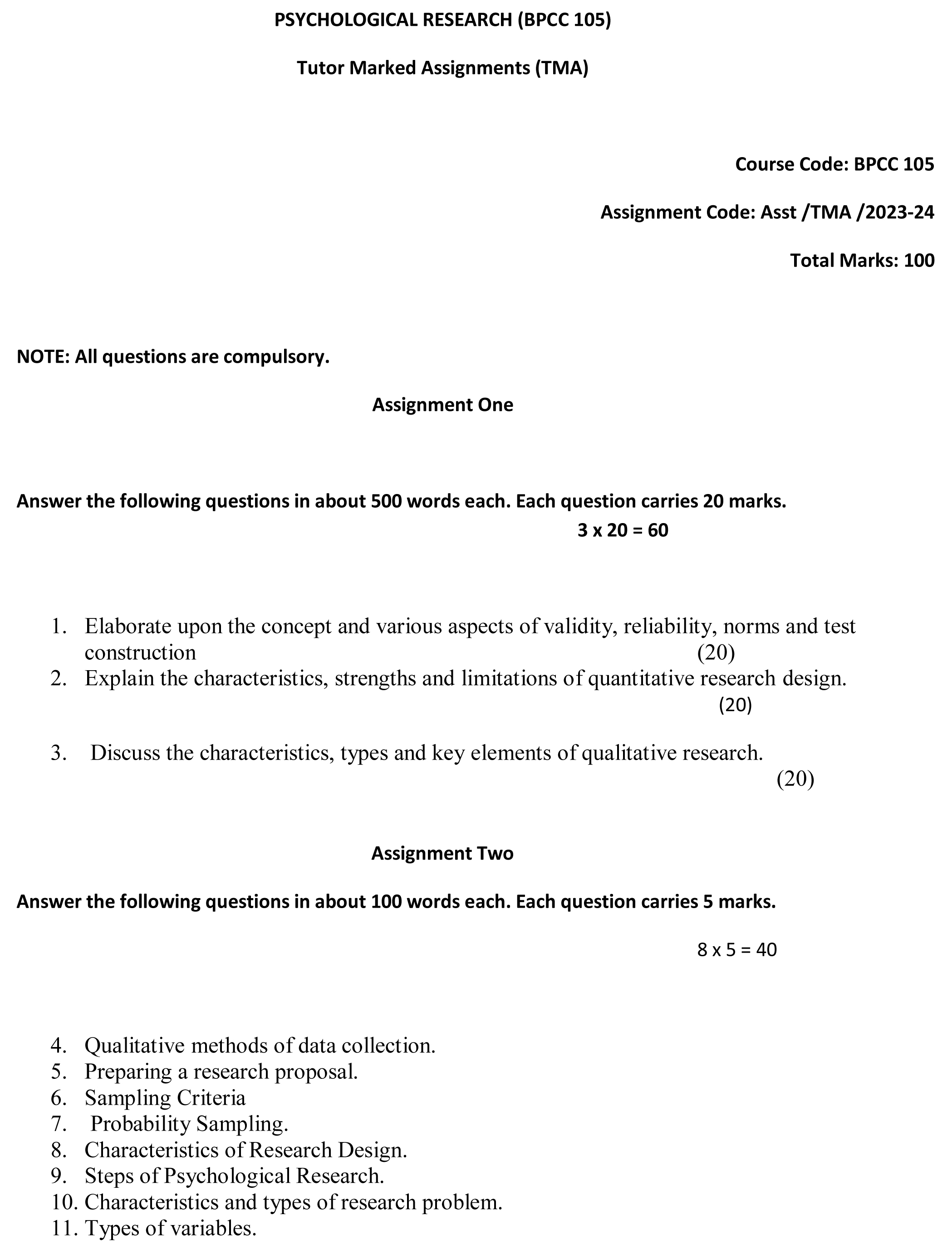 IGNOU BPCC-105 - Psychological Research, Latest Solved Assignment-July 2023 - January 2024