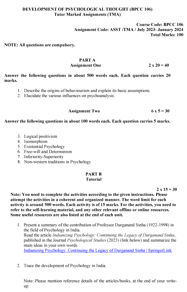 IGNOU BPCC-106 - Development of Psychological Thought, Latest Solved Assignment-July 2023 - January 2024