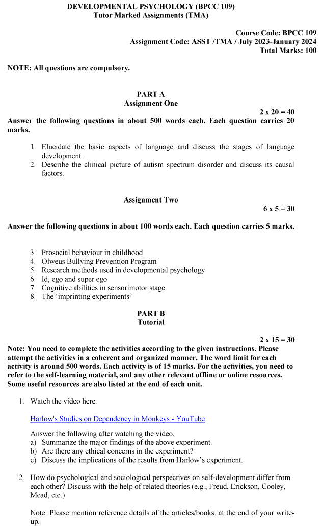 IGNOU BPCC-109 - Developmental Psychology, Latest Solved Assignment-July 2023 - January 2024