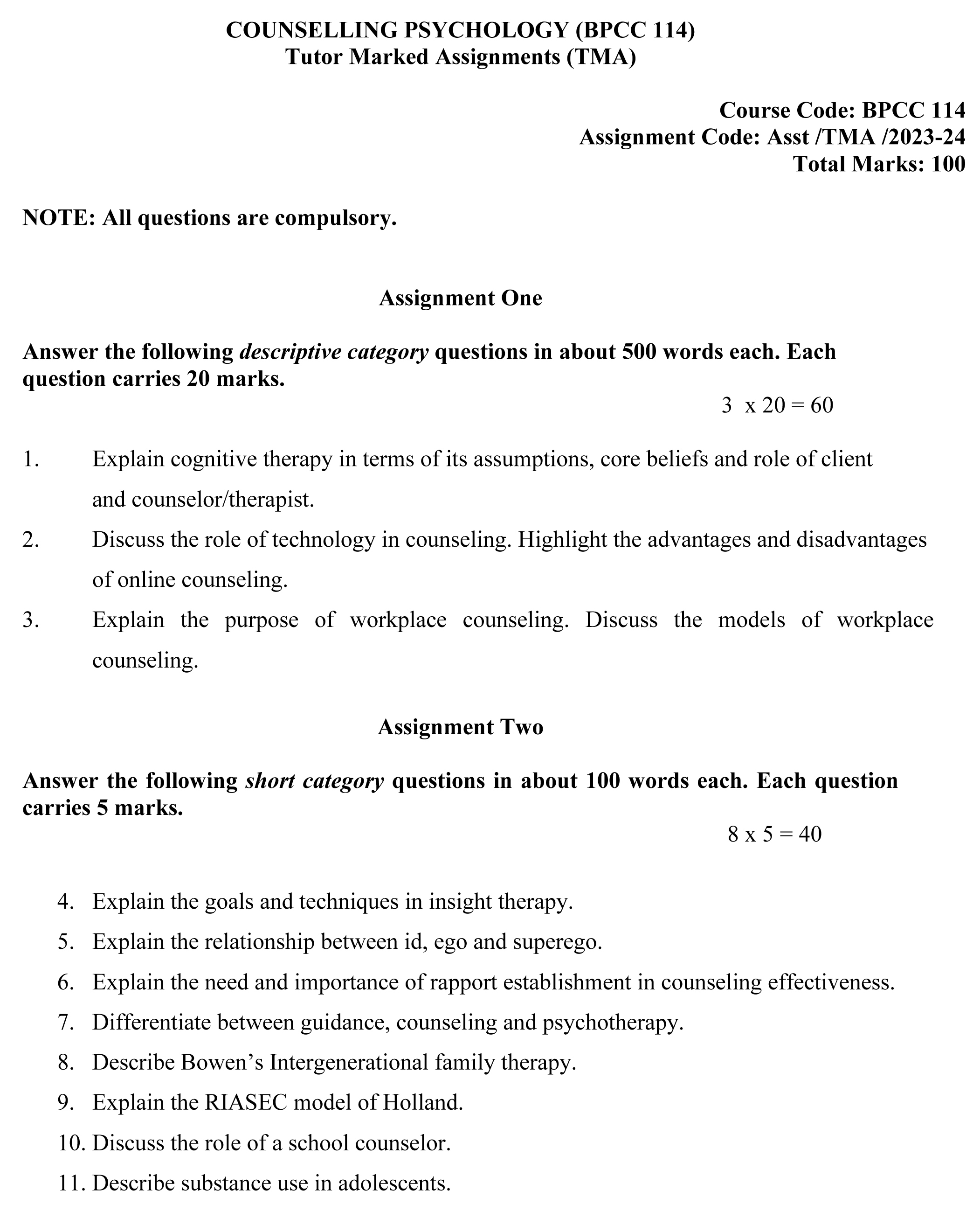 IGNOU BPCC-114 - Counselling Psychology Latest Solved Assignment-July 2023 - January 2024