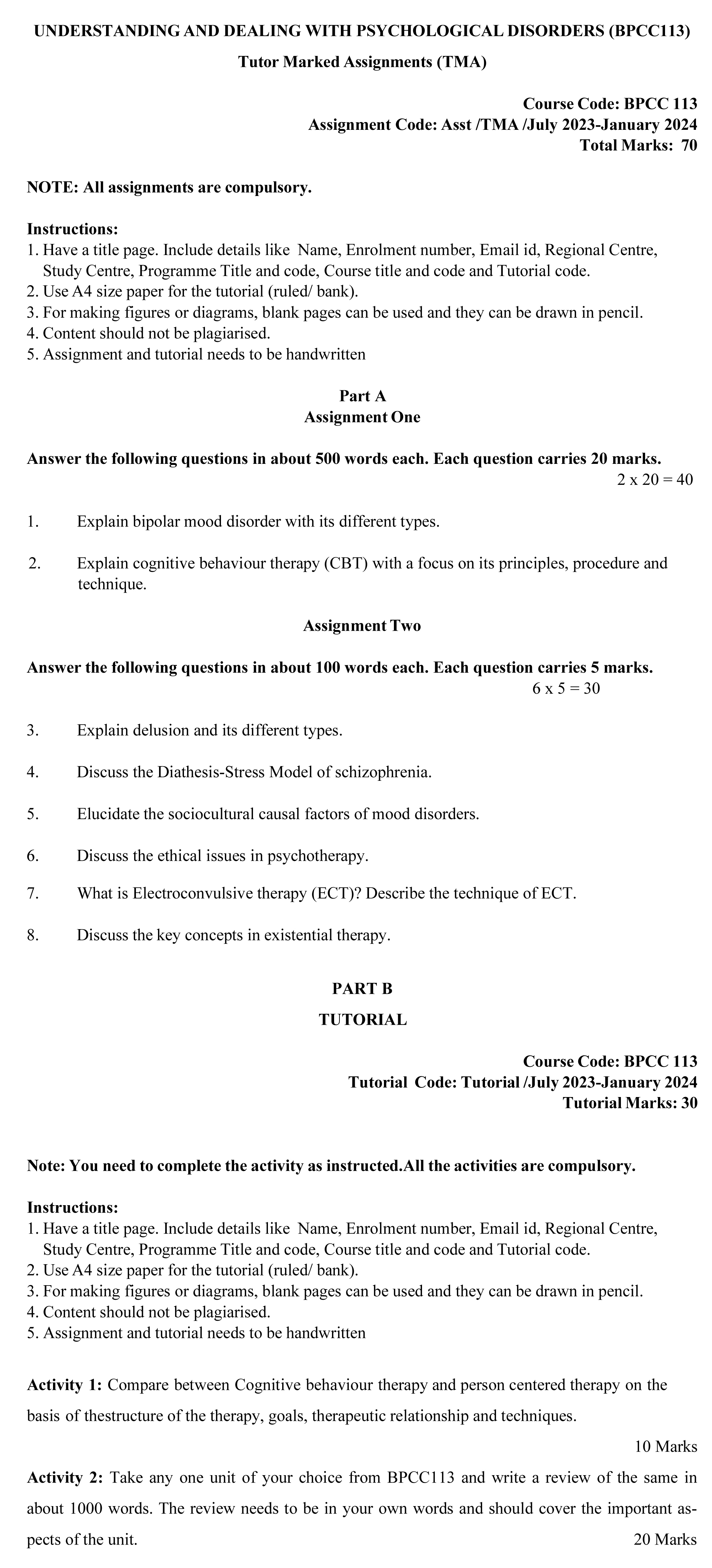 IGNOU BPCC-113 - Understanding and Dealing with Psychological Disorders Latest Solved Assignment-July 2023 - January 2024