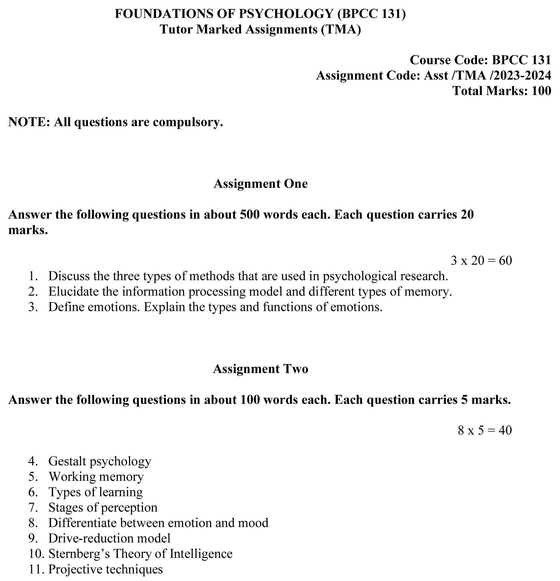 IGNOU BPCC-131 - Foundations of Psychology, Latest Solved Assignment-July 2023 - January 2024