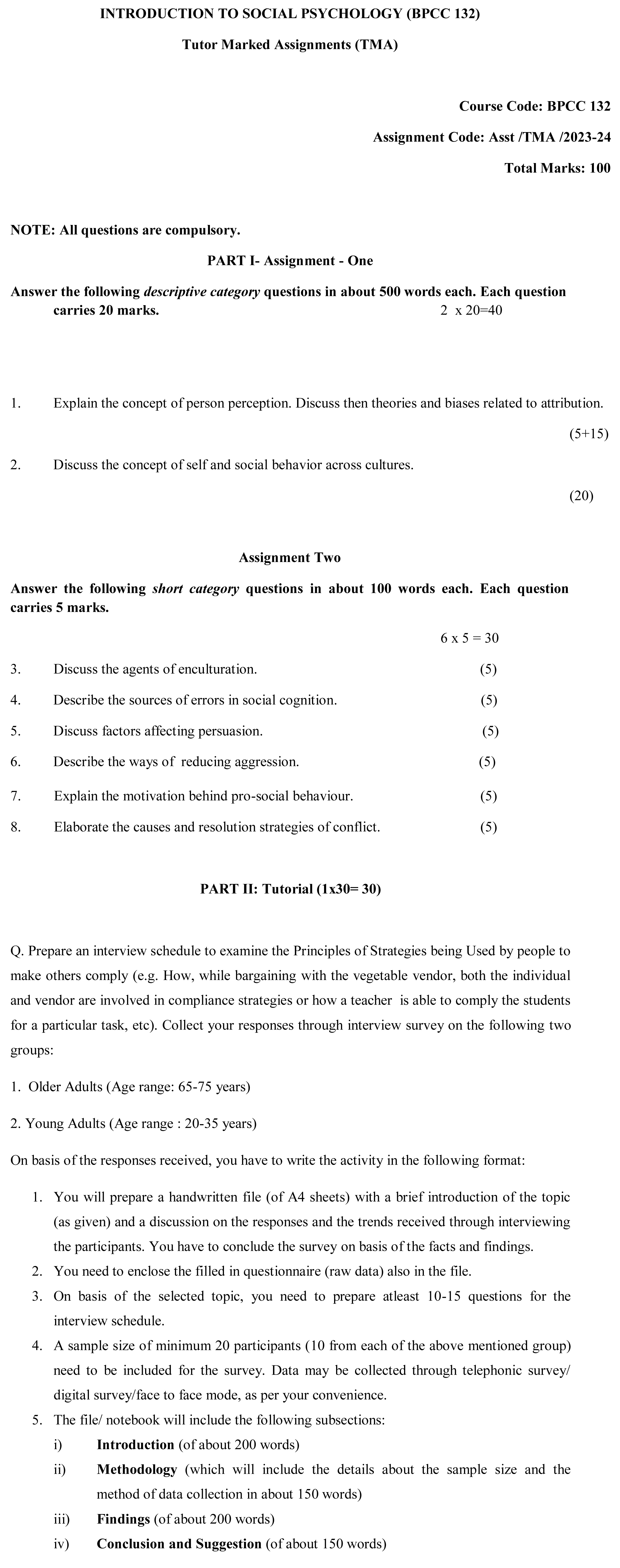 IGNOU BPCC-132 - Introduction to Social Psychology, Latest Solved Assignment-July 2023 - January 2024