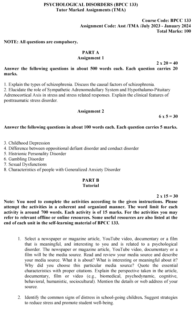 IGNOU BPCC-133 - Psychological Disorders, Latest Solved Assignment-July 2023 - January 2024