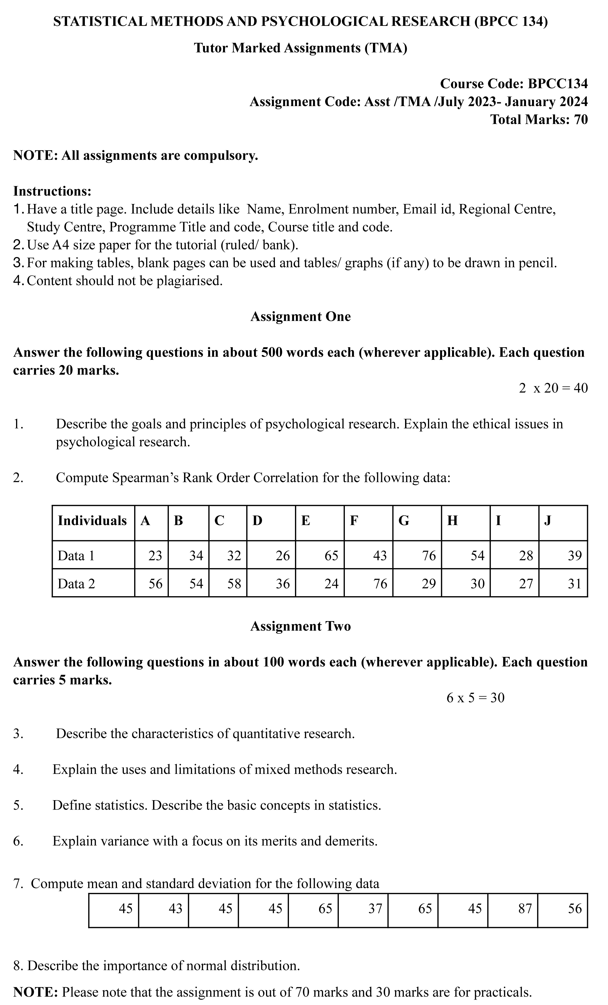 IGNOU BPCC-134 - Statistical Methods and Psychological Research, Latest Solved Assignment-July 2023 - January 2024