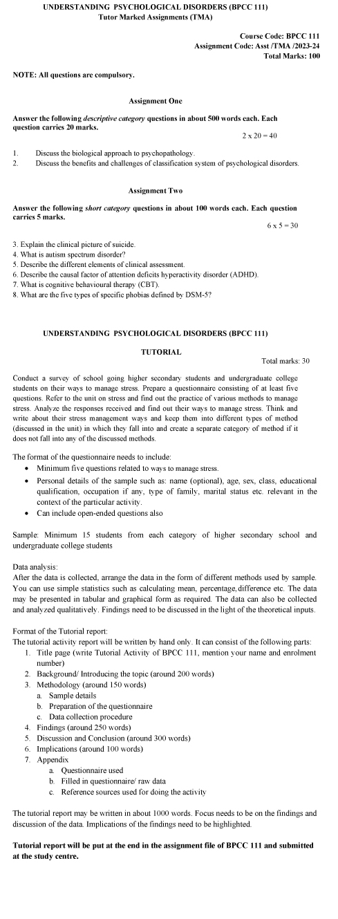 IGNOU BPCC-111 - Understanding Psychological Disorders Latest Solved Assignment-July 2023 - January 2024