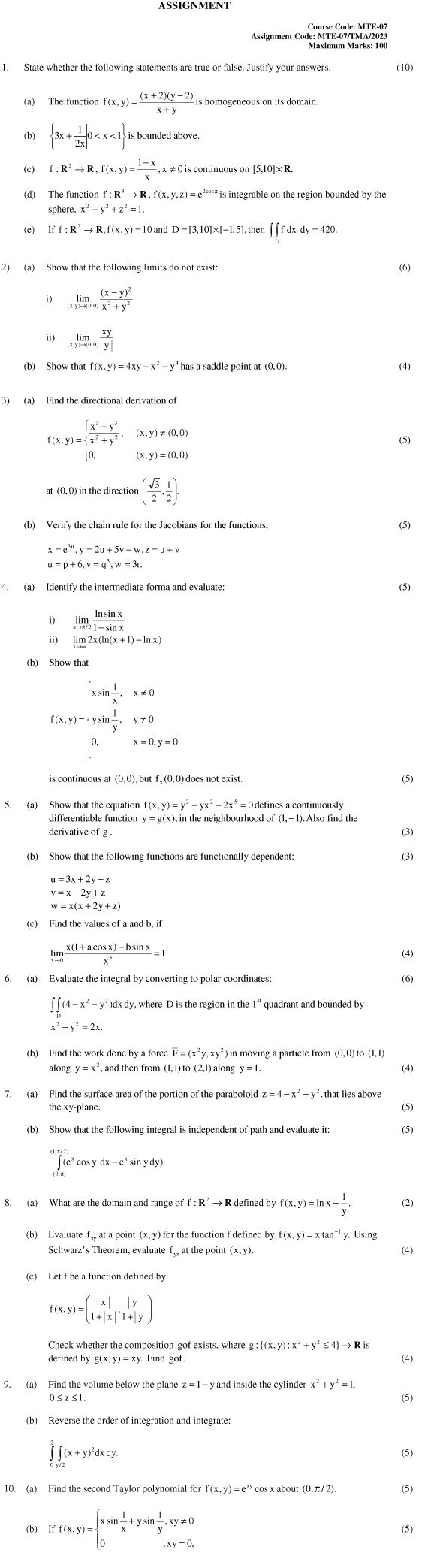 IGNOU MTE-07 - Advanced Calculus, Latest Solved Assignment-January 2023 - December 2023