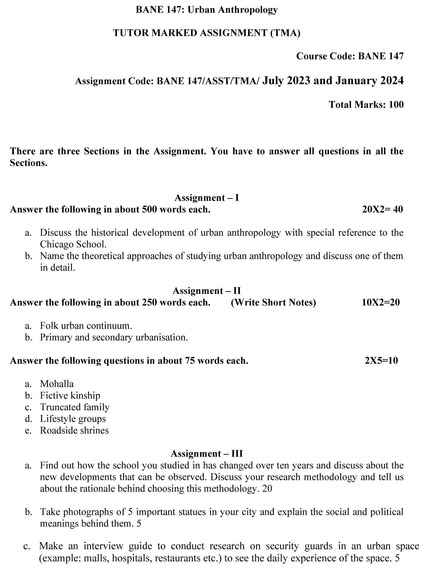 IGNOU BANE-147 - Urban Anthropology Latest Solved Assignment-July 2023 - January 2024
