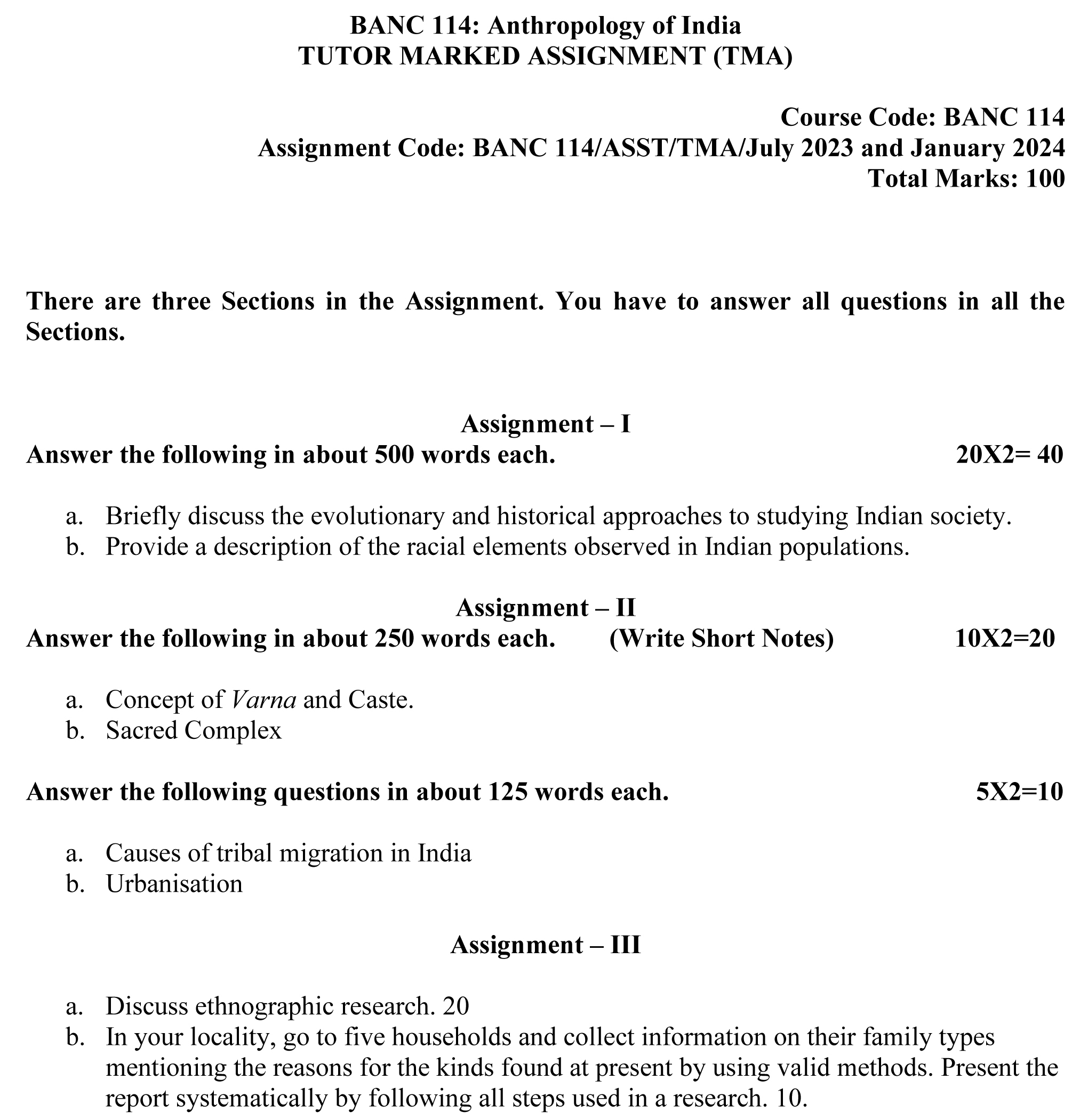 IGNOU BANC-114 - Anthropology of India Latest Solved Assignment-July 2023 - January 2024
