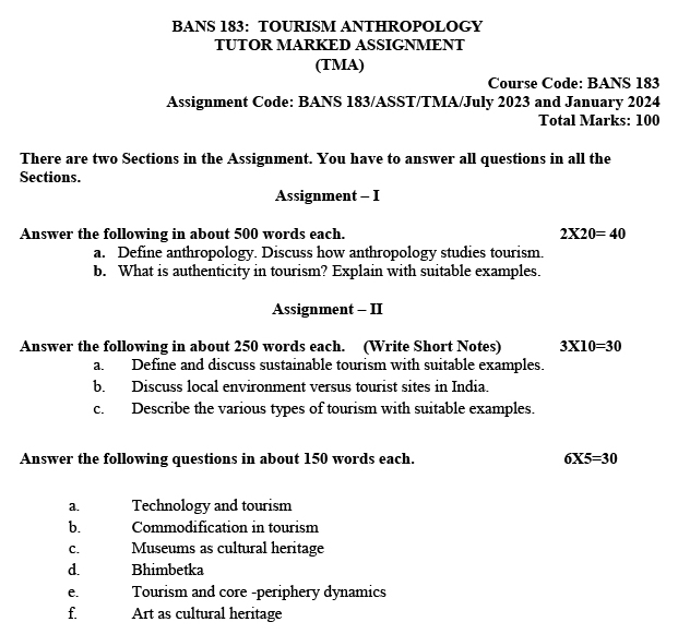 IGNOU BANS-183 - Tourism Anthropology, Latest Solved Assignment-July 2023 - January 2024