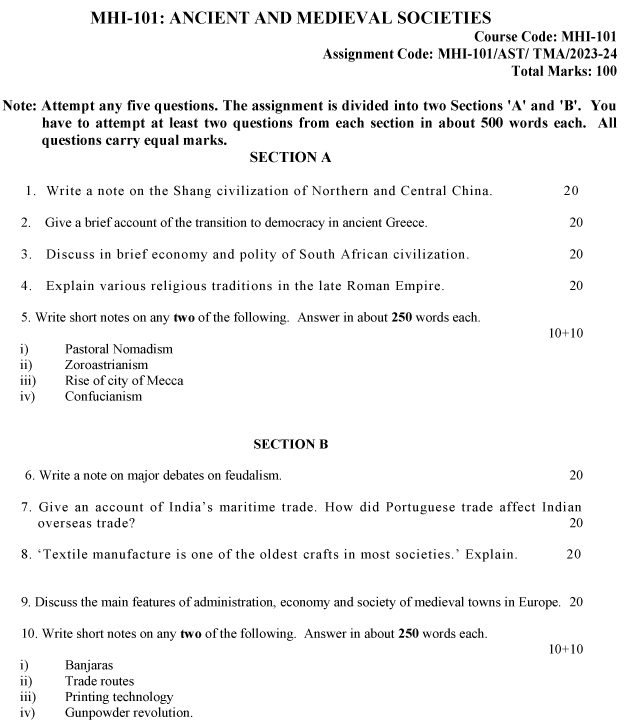 IGNOU MHI-101 - Ancient and Medieval Societies-July 2023 - January 2024