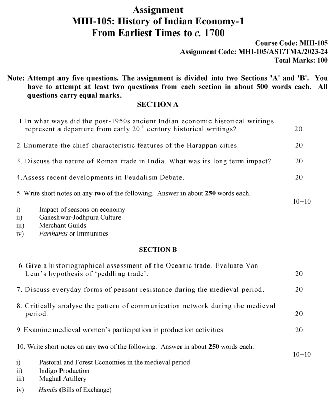 IGNOU MHI-105 - History of Indian Economy-1: From Earliest Times to C.1700-July 2023 - January 2024