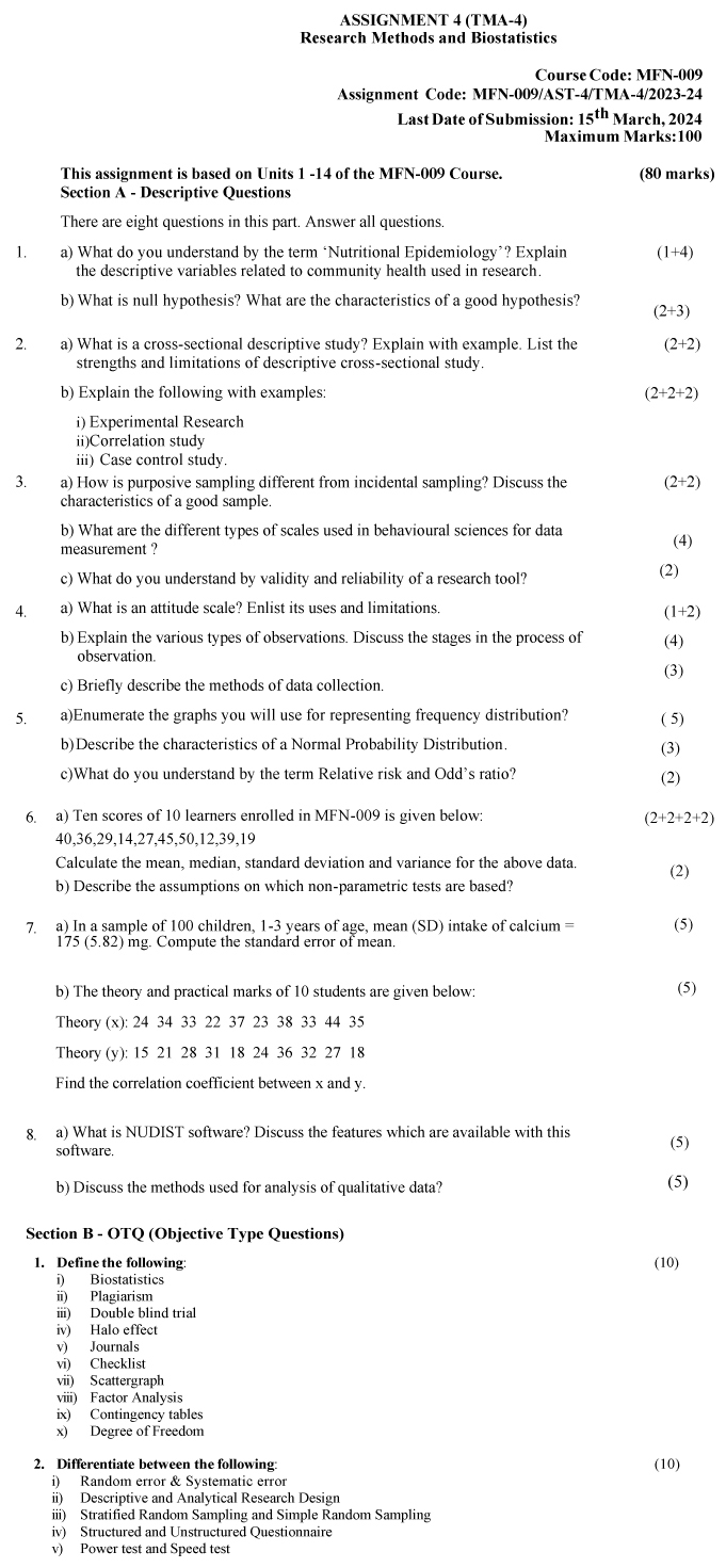 IGNOU MFN-09 - Research Methods and Biostatistics, Latest Solved Assignment-July 2023 - January 2024