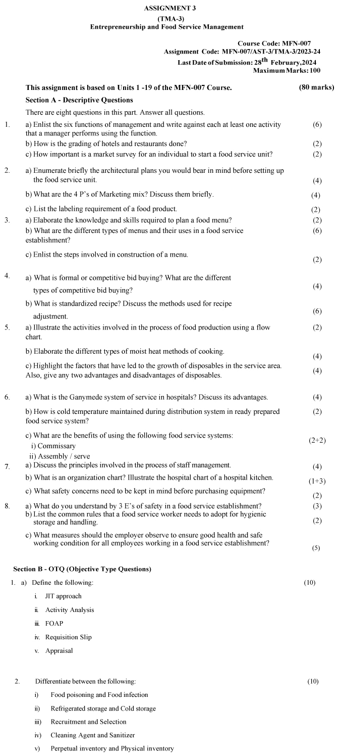 IGNOU MFN-07 - Entrepreneurship and Food Service Management, Latest Solved Assignment-July 2023 - January 2024