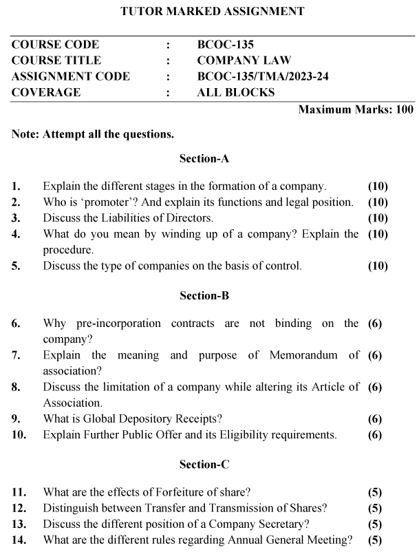BCOC-135 - Company Law-July 2023 - January 2024