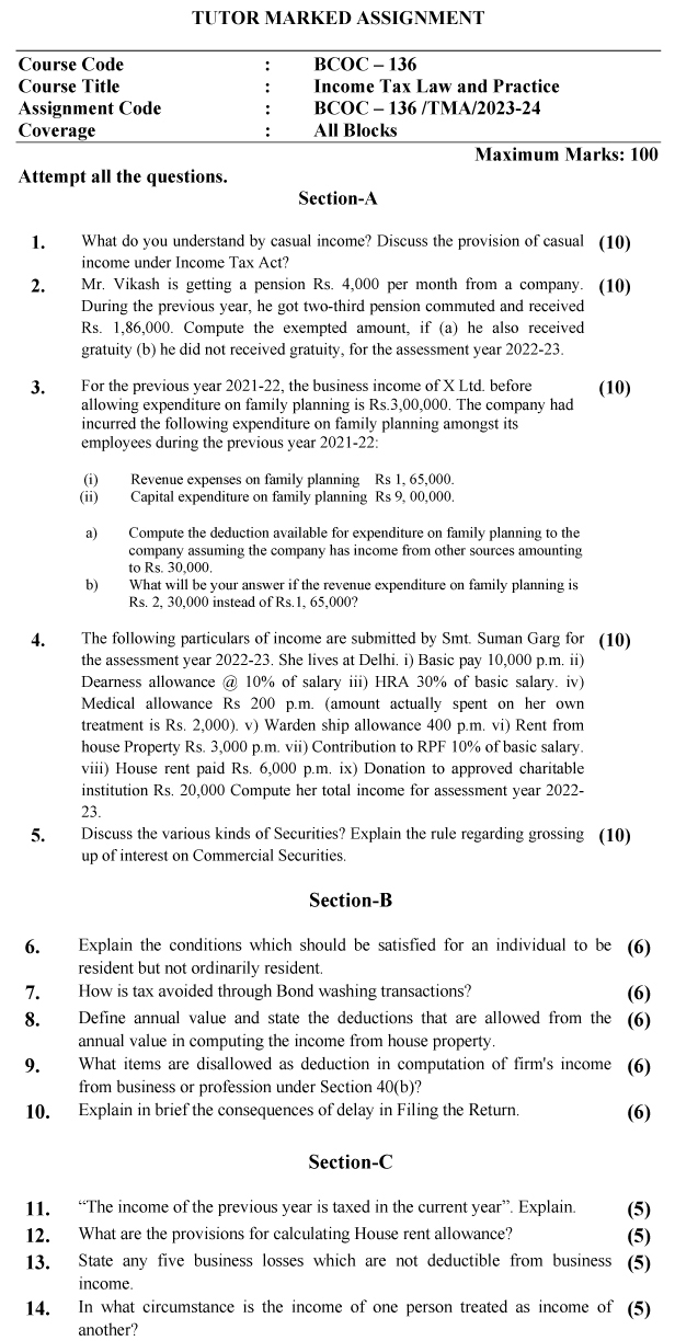 BCOC-136 - Income Tax Law and Practice-July 2023 - January 2024