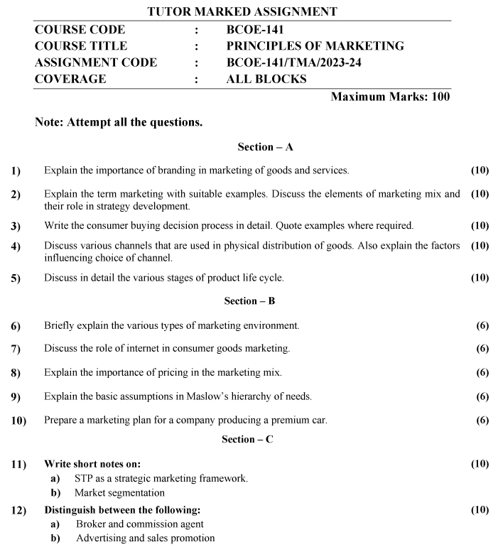 IGNOU BCOE-141 - Principles of Marketing, Latest Solved Assignment-July 2023 - January 2024