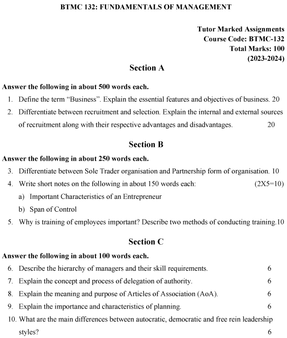 BTMC-132 - Fundamentals of Management-July 2023 - January 2024