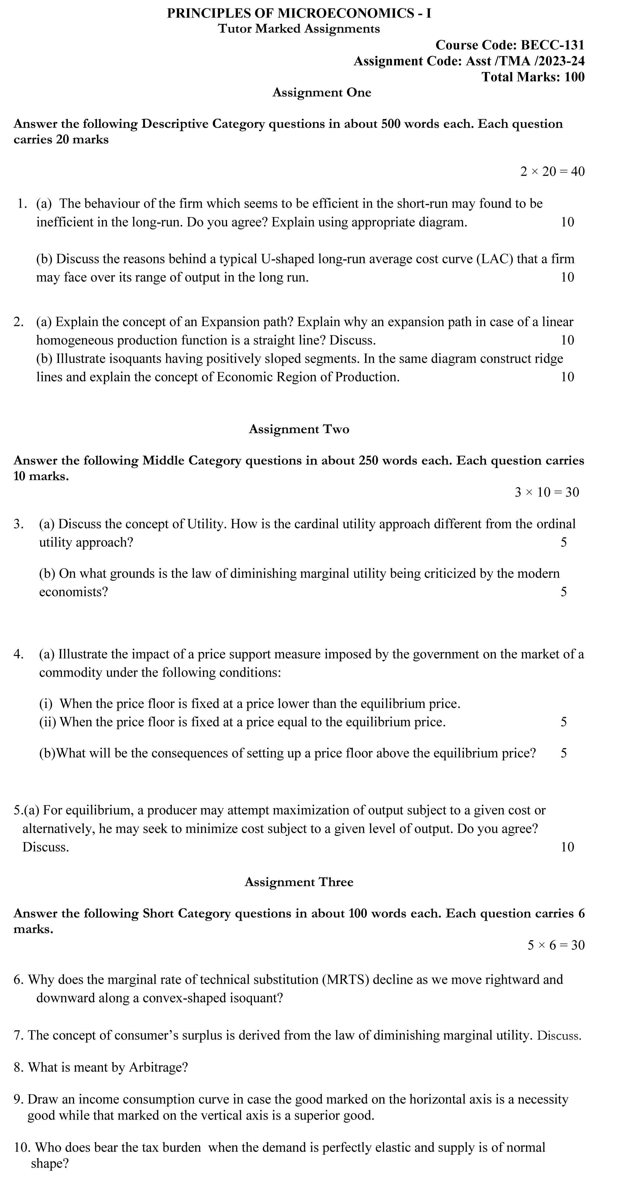 IGNOU BECC-131 - Principles of Microeconomics-I, Latest Solved Assignment-July 2023 - January 2024