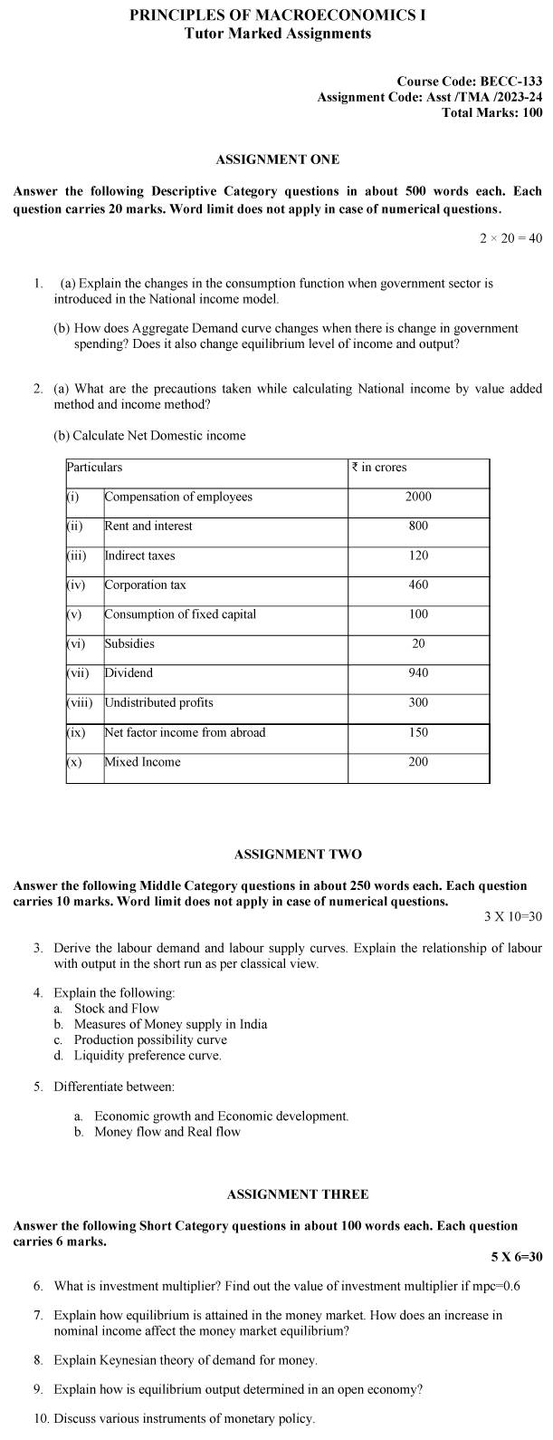 IGNOU BECC-133 - Principles of Macroeconomics-I, Latest Solved Assignment-July 2023 - January 2024