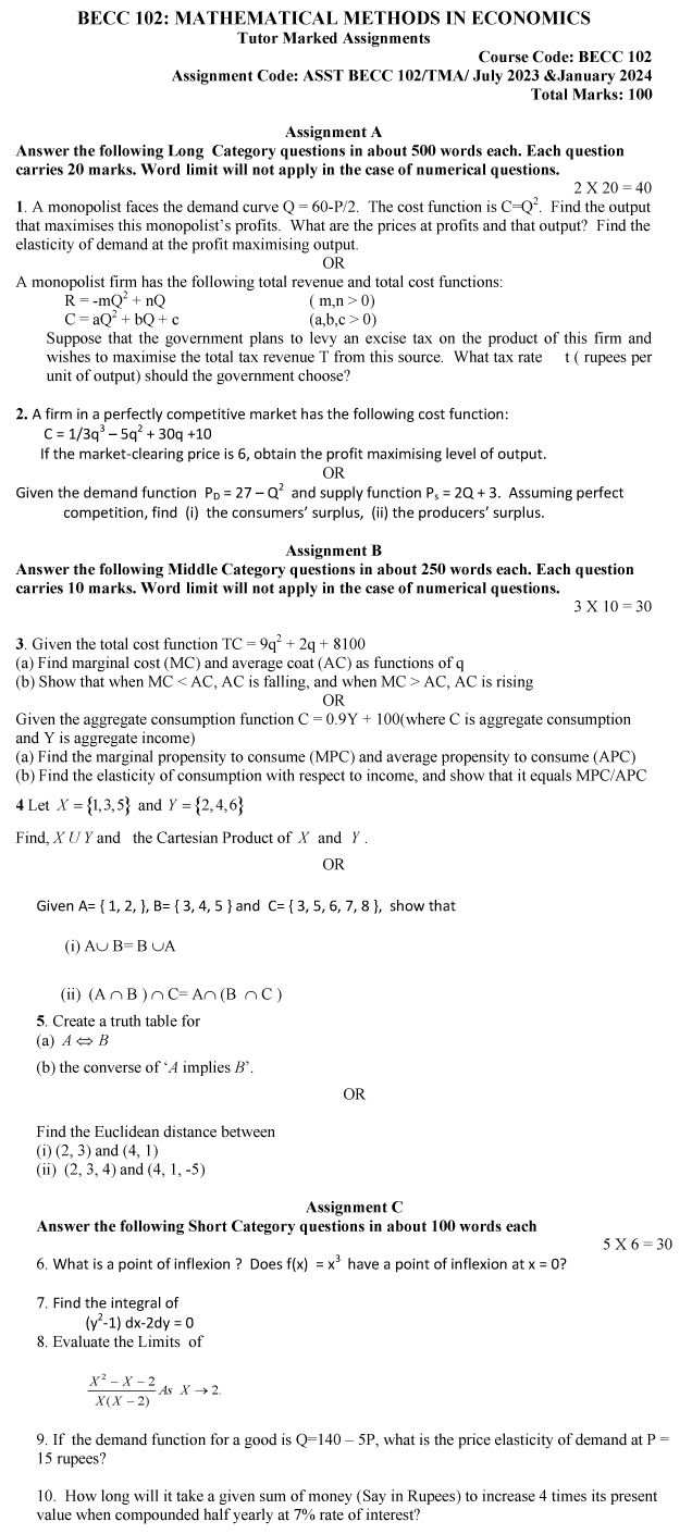 IGNOU BECC-102 - Mathematical Methods for Economics-I, Latest Solved Assignment-July 2023 - January 2024