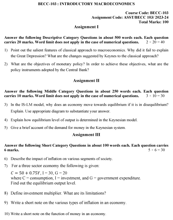 IGNOU BECC-103 - Introductory Macroeconomics, Latest Solved Assignment-July 2023 - January 2024