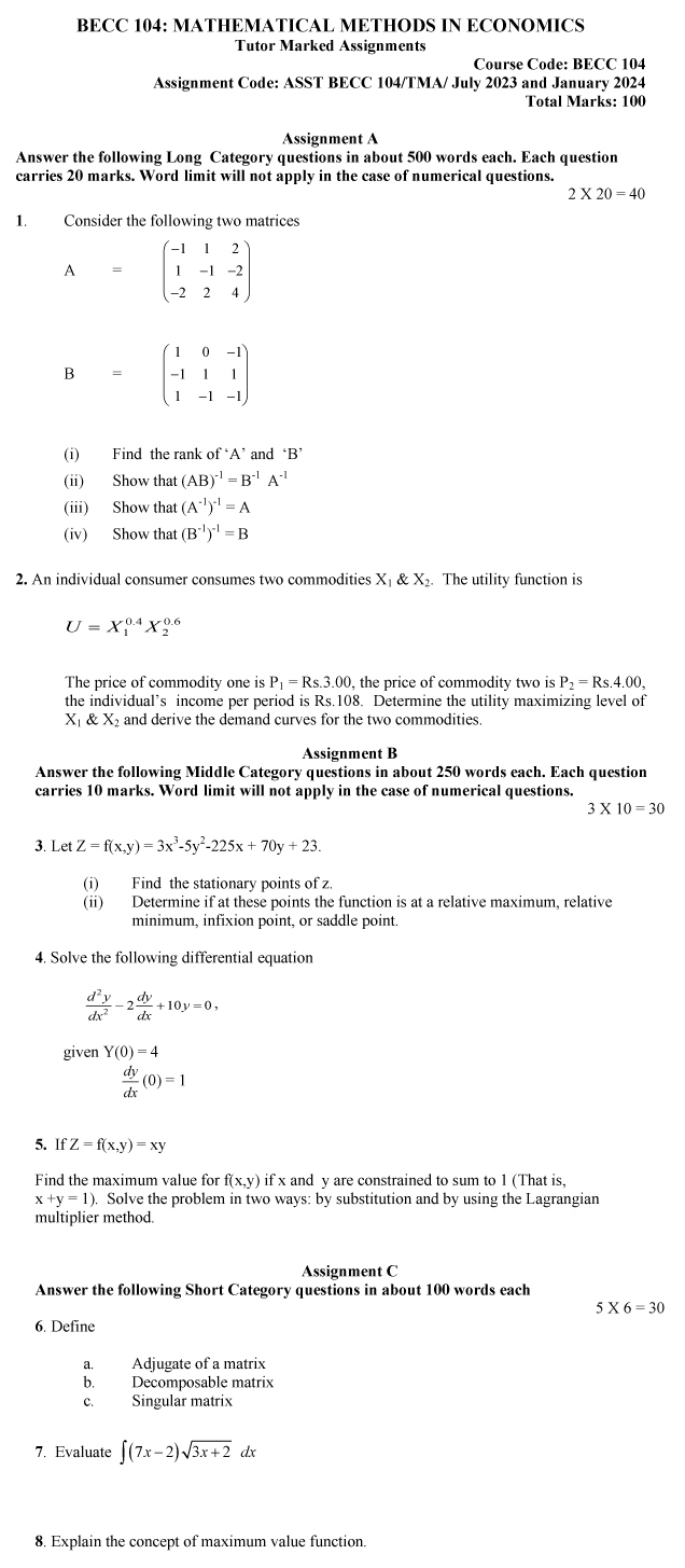 IGNOU BECC-104 - Mathematical Methods for Economics-II, Latest Solved Assignment-July 2023 - January 2024