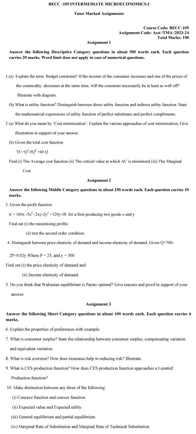 IGNOU BECC-105 - Intermediate Microeconomics I, Latest Solved Assignment-July 2023 - January 2024