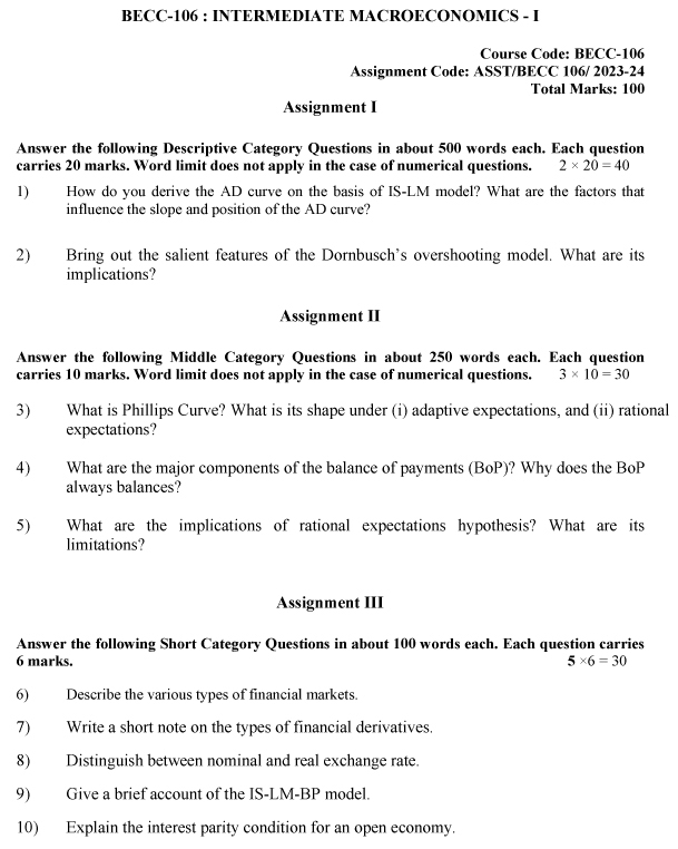 IGNOU BECC-106 - Intermediate Macroeconomics-I, Latest Solved Assignment-July 2023 - January 2024