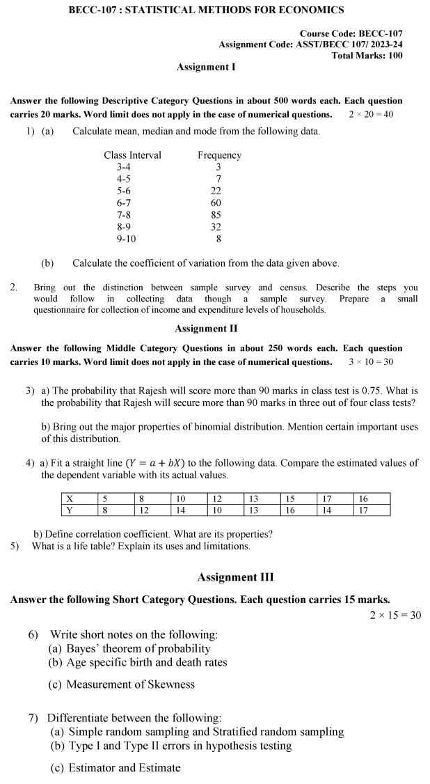 IGNOU BECC-107 - Statistical Methods for Economics, Latest Solved Assignment-July 2023 - January 2024