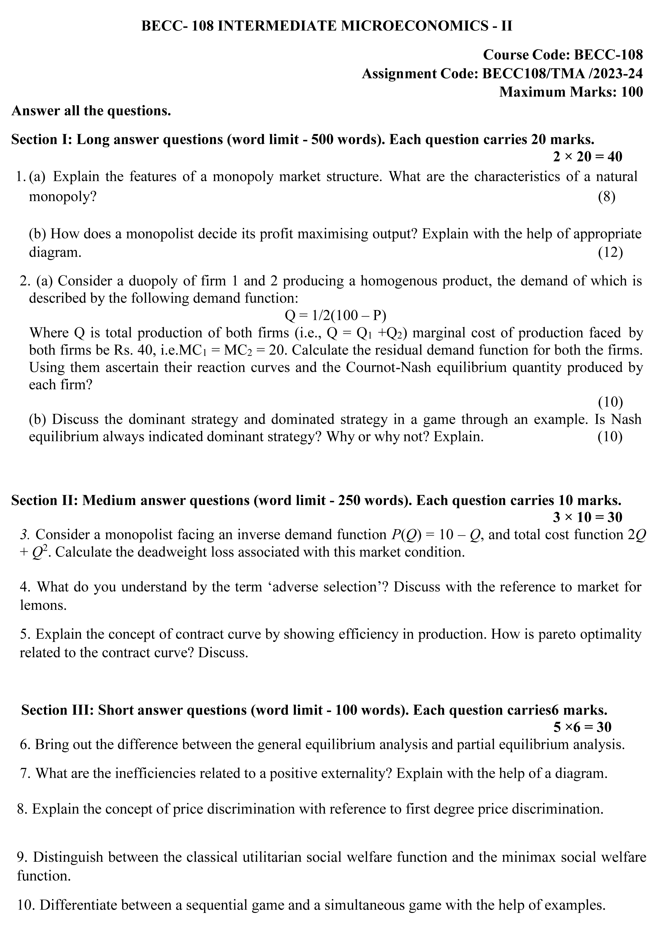 IGNOU BECC-108 - Intermediate Microeconomics-II, Latest Solved Assignment-July 2023 - January 2024