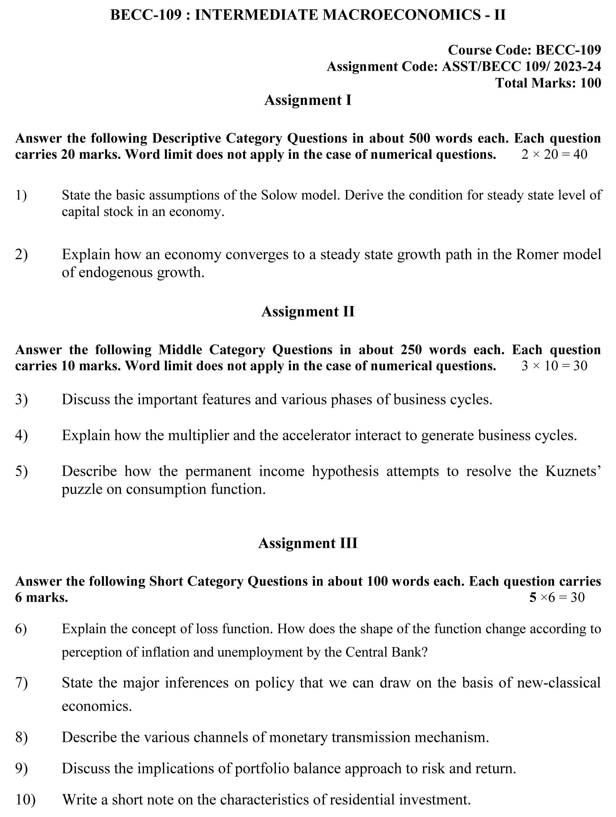 IGNOU BECC-109 - Intermediate Macroeconomics-II, Latest Solved Assignment-July 2023 - January 2024