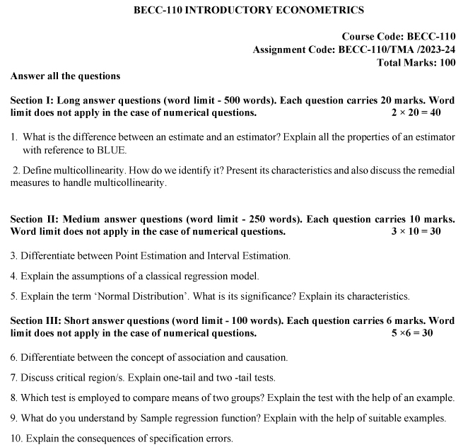 IGNOU BECC-110 - Introductory Econometrics, Latest Solved Assignment-July 2023 - January 2024