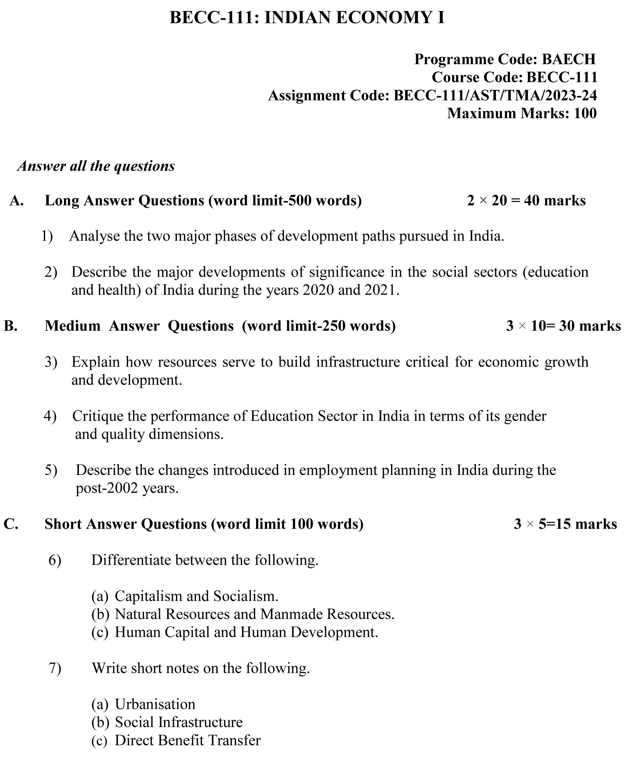 IGNOU BECC-111 - Indian Economy-I, Latest Solved Assignment-July 2023 - January 2024