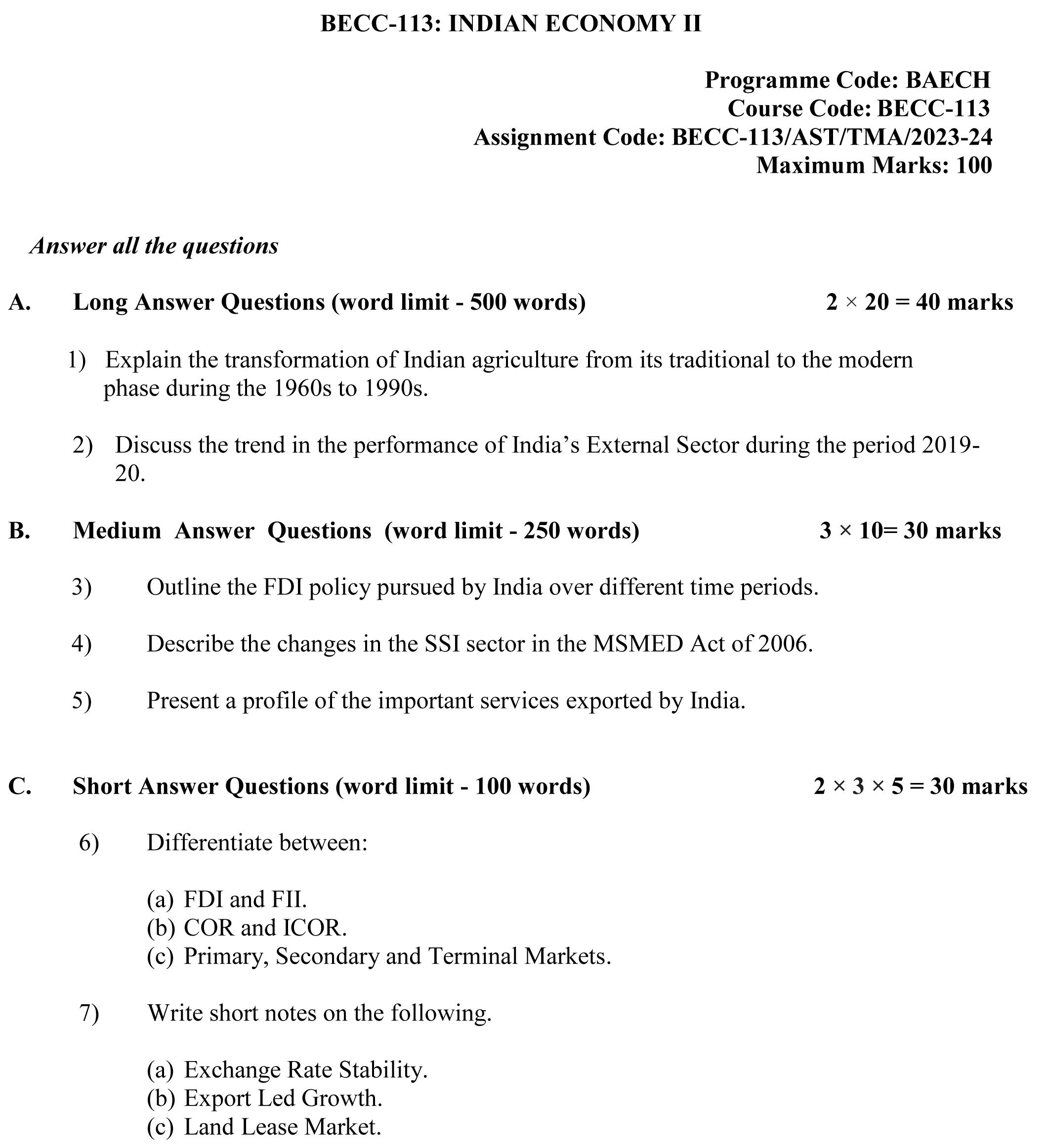 IGNOU BECC-113 - Indian Economy II Latest Solved Assignment -July 2023 - January 2024