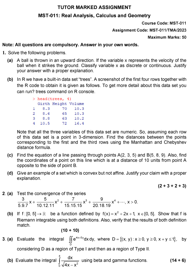 IGNOU MST-11 - Real Analysis, Calculus and Geometry Latest Solved Assignment-July 2023 - January 2024