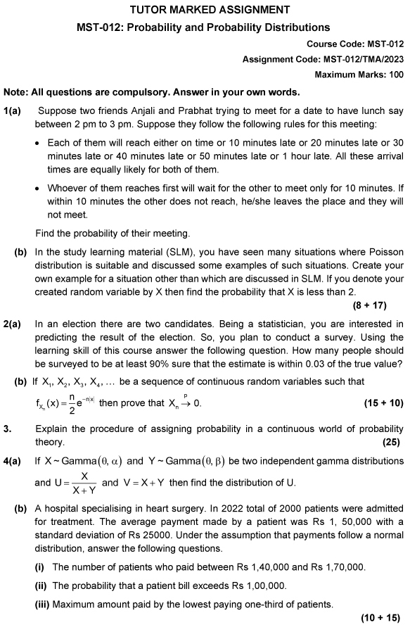 IGNOU MST-12 - Probability and Probability Distributions Latest Solved Assignment-July 2023 - January 2024