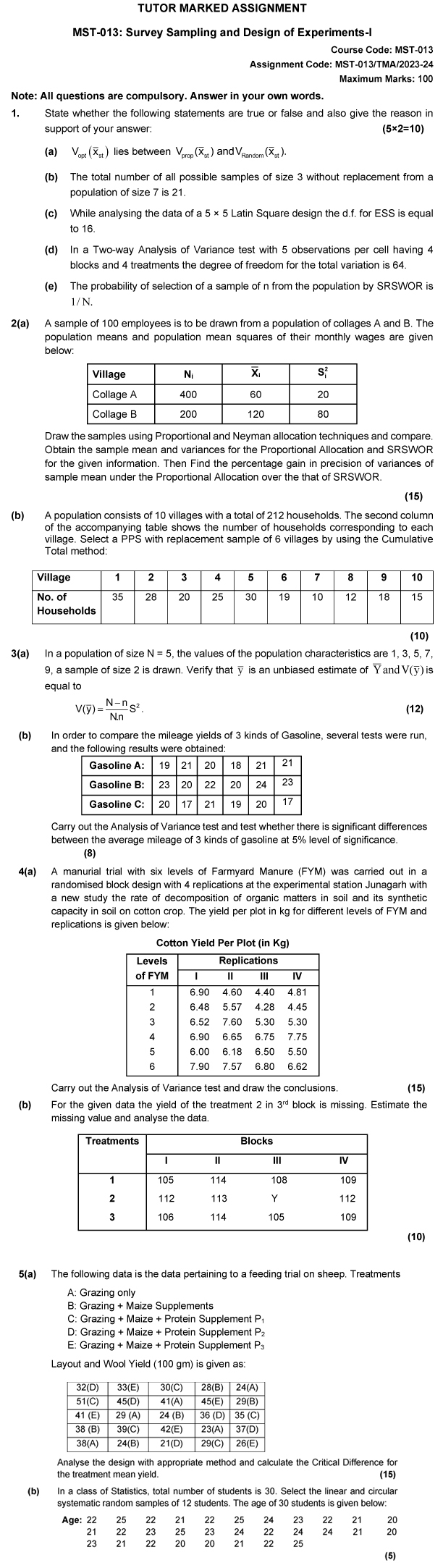 IGNOU MST-13 - Survey Sampling and Design of Experiments-I  Latest Solved Assignment-July 2023 - January 2024