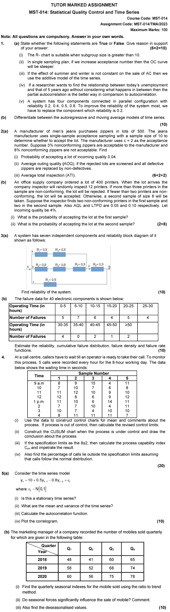 IGNOU MST-14 - Statistical Quality Control and Time Series Analysis Latest Solved Assignment-July 2023 - January 2024