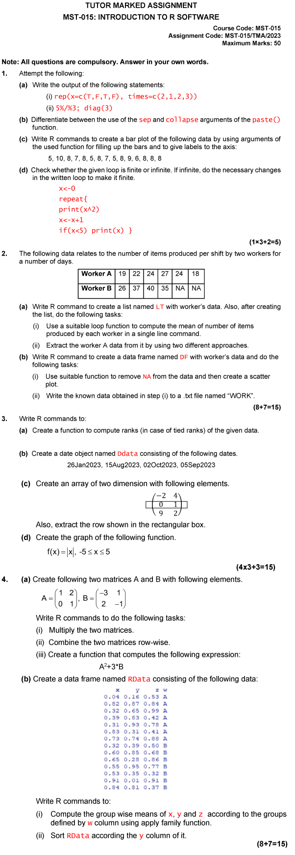 IGNOU MST-15 - Introduction to R Software Latest Solved Assignment-July 2023 - January 2024