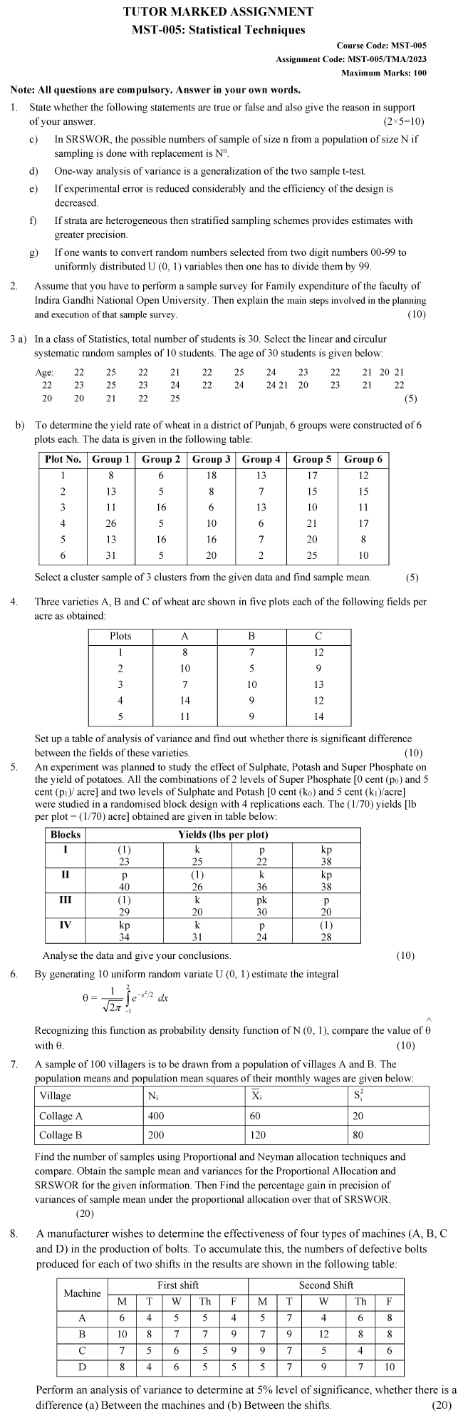 IGNOU MST-05 - Statistical Techniques  Latest Solved Assignment-January 2023 - December 2023