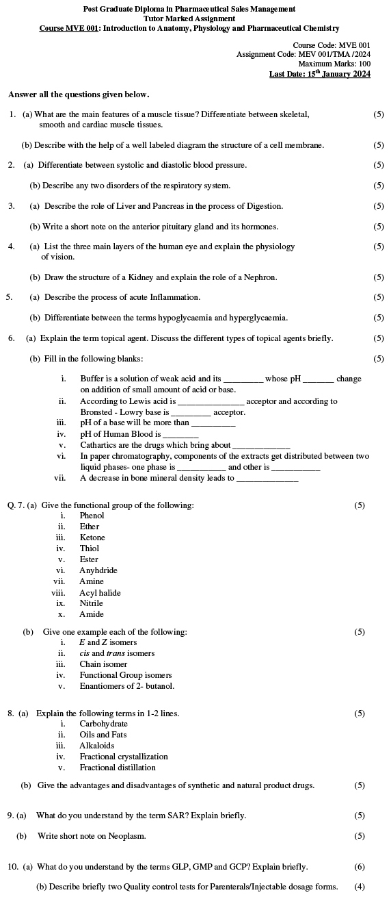 IGNOU MVE-01 - Introduction to Anatomy, Physiology, and Pharmaceutical Chemistry Latest Solved Assignment-July 2023 - January 2024