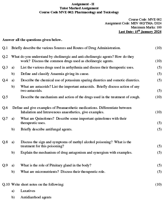 IGNOU MVE-02 - Pharmacology and Toxicology Latest Solved Assignment-July 2023 - January 2024