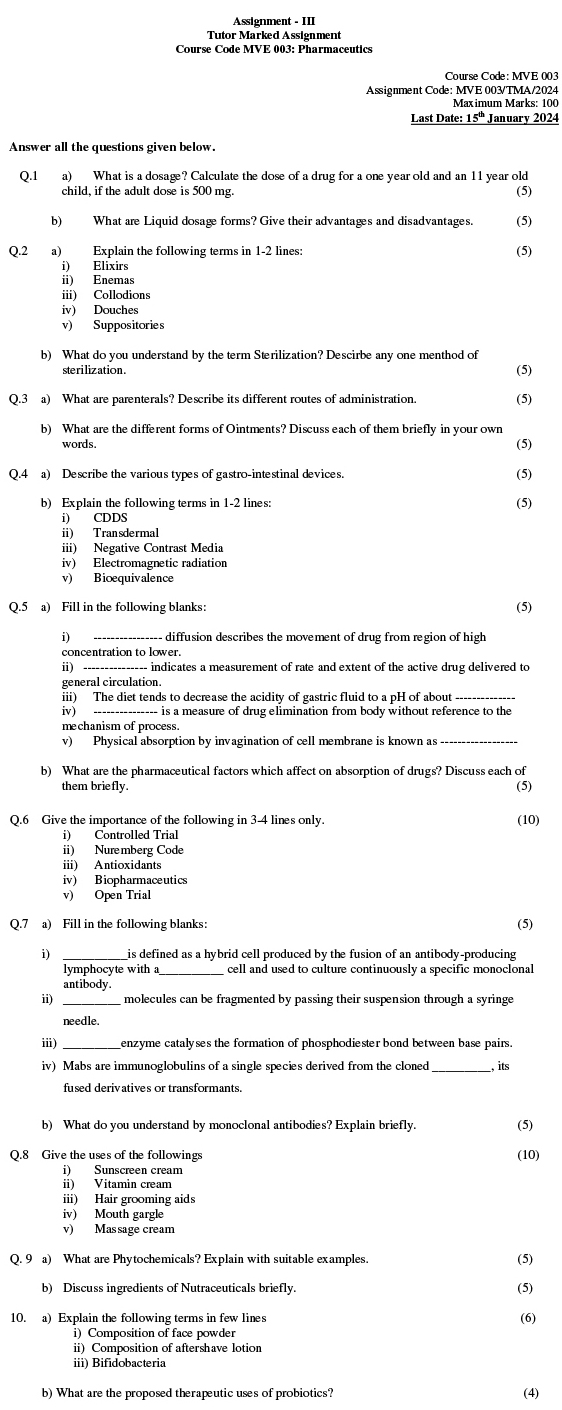 IGNOU MVE-03 - Pharmaceutics Latest Solved Assignment-July 2023 - January 2024