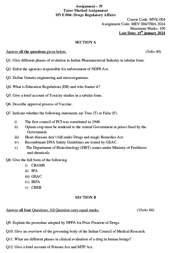 IGNOU MVE-04 - Drugs Regulatory Affairs Latest Solved Assignment-July 2023 - January 2024