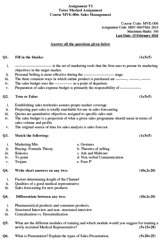 IGNOU MVE-06 - Sales Management Latest Solved Assignment-July 2023 - January 2024